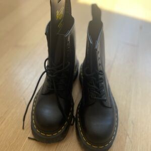 Dr. Martens Black Leather Boots with Yellow Stitching